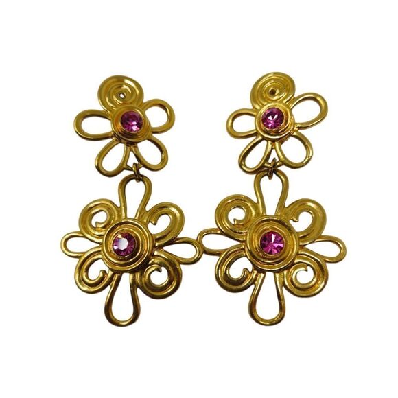 Vintage Avon Gold Metal & Pink Crystal/Glass Rhinestone Flower Dangle Clip-On Ea - Picture 4 of 8
